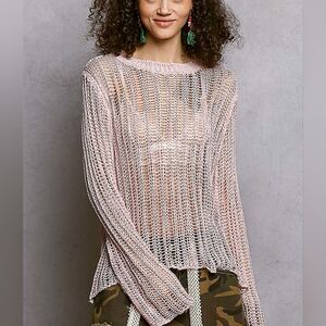 POL Openwork Round Neck Knit Cover Up - Sheer Long Sleeve Boho Sweater Lt Pink
